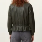 Sofi Drawstring Leather Bomber Jacket - Green back