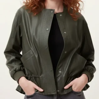 Sofi Drawstring Leather Bomber Jacket - Green front