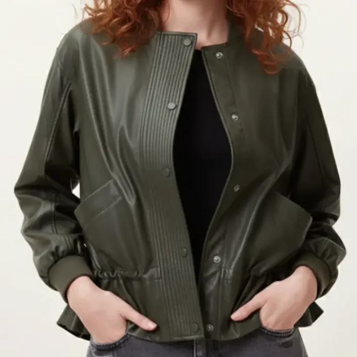 Sofi Drawstring Leather Bomber Jacket - Green front