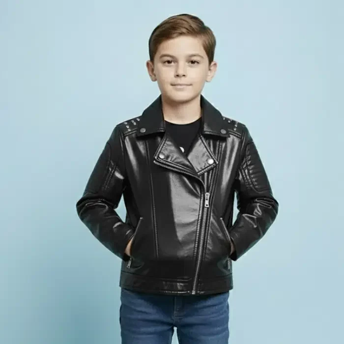 TLAENSON Boys Black Leather Jacket Studded Motorcycle Faux Leather Coat front TLAENSON Boys Black Leather Jacket Studded Motorcycle Faux Leather Coat front