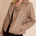 Taupe Faux Leather Oversized Biker Jacket front
