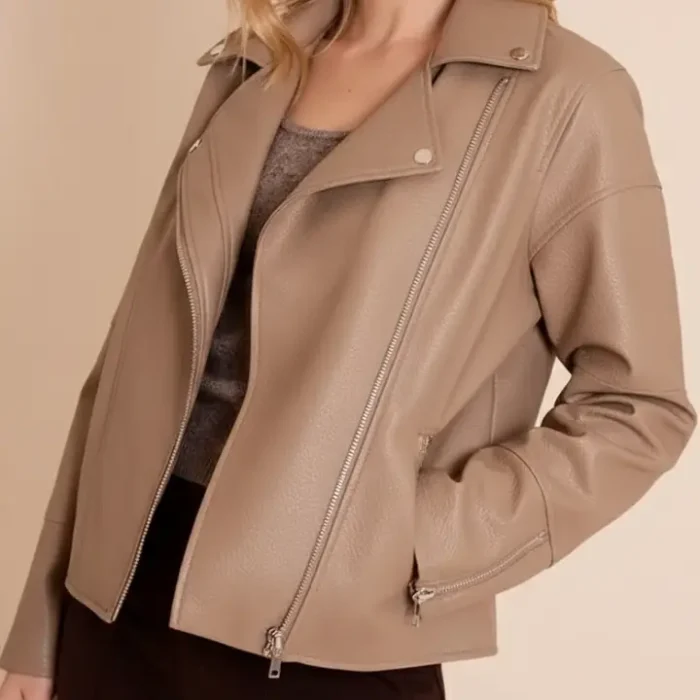 Taupe Faux Leather Oversized Biker Jacket front Taupe Faux Leather Oversized Biker Jacket front