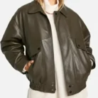 Teddy Lined Faux Leather Oversized Bomber Jacket front