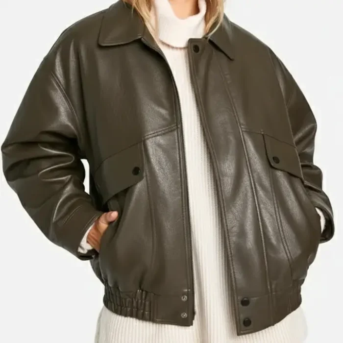Teddy Lined Faux Leather Oversized Bomber Jacket front