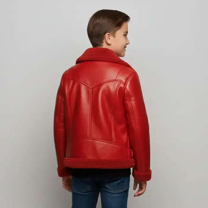 Toddler Red Shearling Aviator Jacket Handmade Faux Fur Lined Moto Coat back Toddler Red Shearling Aviator Jacket Handmade Faux Fur Lined Moto Coat back