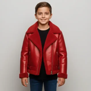 Toddler Red Shearling Aviator Jacket Handmade Faux Fur Lined Moto Coat front
