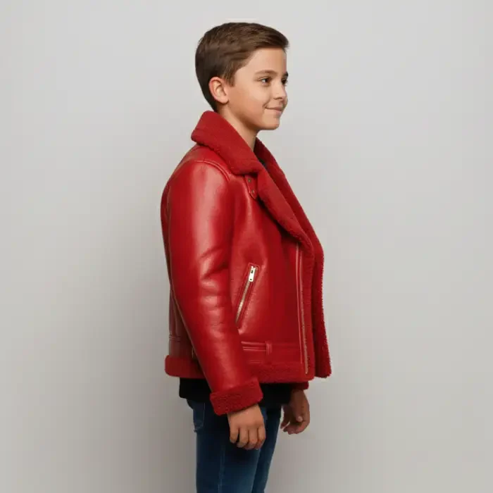 Toddler Red Shearling Aviator Jacket Handmade Faux Fur Lined Moto Coat side Toddler Red Shearling Aviator Jacket Handmade Faux Fur Lined Moto Coat side