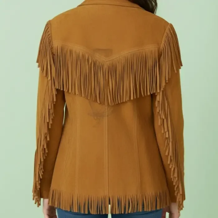 Western Brown Suede Leather Wear Fringe Vintage Coat Jacket for Women Tan Western Fringes Leather Jacket Fringed Coat Festival Clothing Gift back