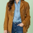 Western Brown Suede Leather Wear Fringe Vintage Coat Jacket for Women Tan Western Fringes Leather Jacket Fringed Coat Festival Clothing Gift front