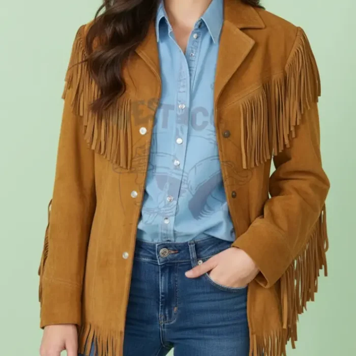 Western Brown Suede Leather Wear Fringe Vintage Coat Jacket for Women Tan Western Fringes Leather Jacket Fringed Coat Festival Clothing Gift front