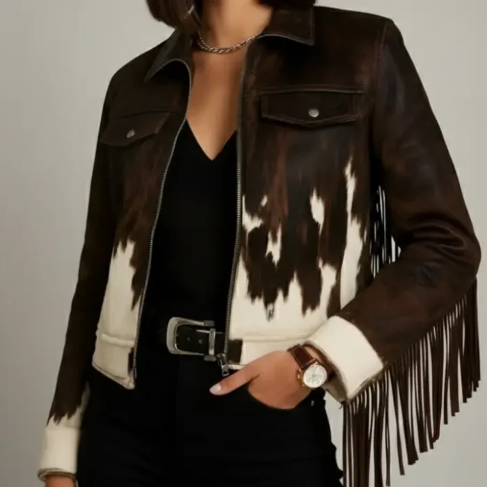 Vintage Cowhide Fringe Leather Jacket for Women - Western Style, Boho Chic, Statement Outerwear, Casual and Trendy Western Fashion front Vintage Cowhide Fringe Leather Jacket for Women - Western Style, Boho Chic, Statement Outerwear, Casual and Trendy Western Fashion front