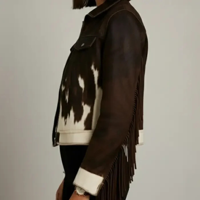 Vintage Cowhide Fringe Leather Jacket for Women - Western Style, Boho Chic, Statement Outerwear, Casual and Trendy Western Fashion side Vintage Cowhide Fringe Leather Jacket for Women - Western Style, Boho Chic, Statement Outerwear, Casual and Trendy Western Fashion side