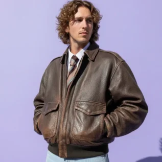 Vintage Distressed Brown Sheep Leather Bomber Jacket Classic Aviator Style front