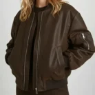 Vintage Look Faux Leather Oversized Bomber Jacket front