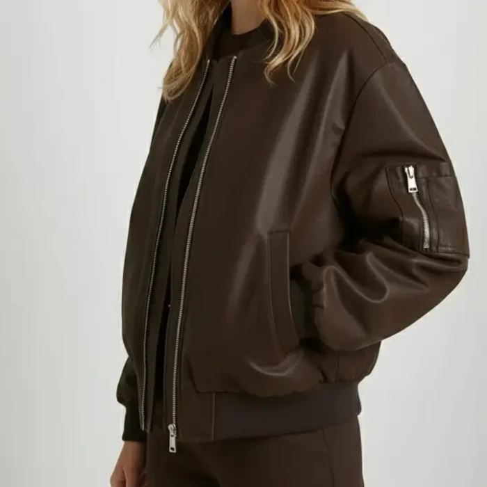 Vintage Look Faux Leather Oversized Bomber Jacket side Vintage Look Faux Leather Oversized Bomber Jacket side