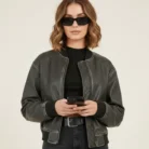 Vintage Look Faux Leather Oversized Cropped Bomber Jacket front