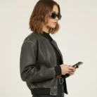 Vintage Look Faux Leather Oversized Cropped Bomber Jacket side