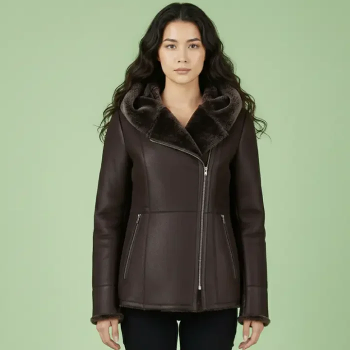 WOMENS HOODED FUR SHEARLING LONG JACKET front