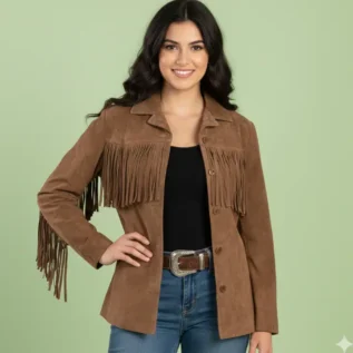 Western Suede Fringe Coat – Women’s Boho Cowgirl Jacket – Handmade Leather Fringe Jacket – Vintage Style Western Wear front