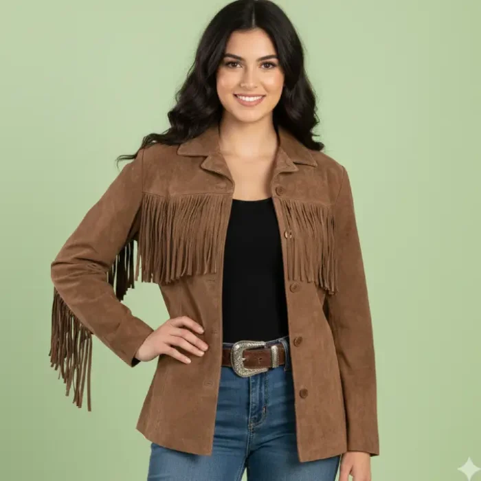 Western Suede Fringe Coat – Women’s Boho Cowgirl Jacket – Handmade Leather Fringe Jacket – Vintage Style Western Wear front