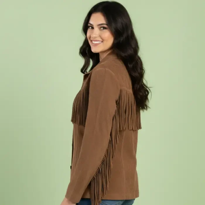Western Suede Fringe Coat – Women’s Boho Cowgirl Jacket – Handmade Leather Fringe Jacket – Vintage Style Western Wear side