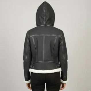 Fiona Black Hooded Shearling Leather Jacket back