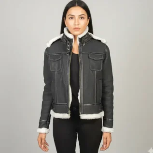 Fiona Black Hooded Shearling Leather Jacket front