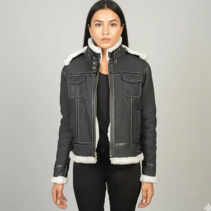 Fiona Black Hooded Shearling Leather Jacket front