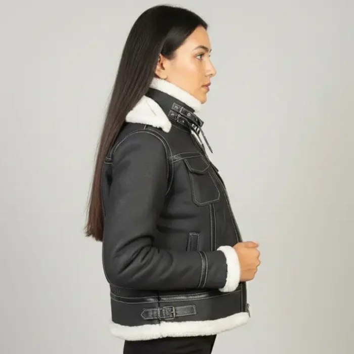Fiona Black Hooded Shearling Leather Jacket side