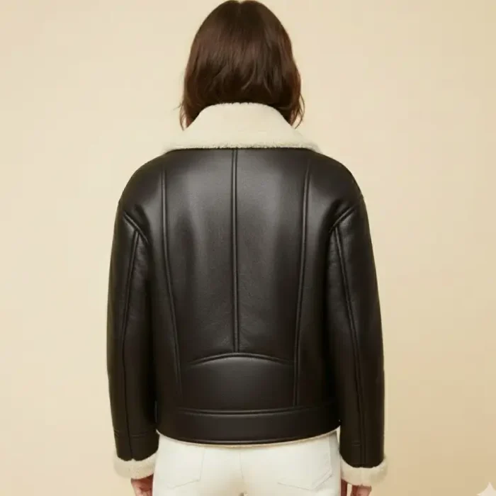 Women Dark Brown RAF Aviator Sheepskin Shearling Leather Jacket back