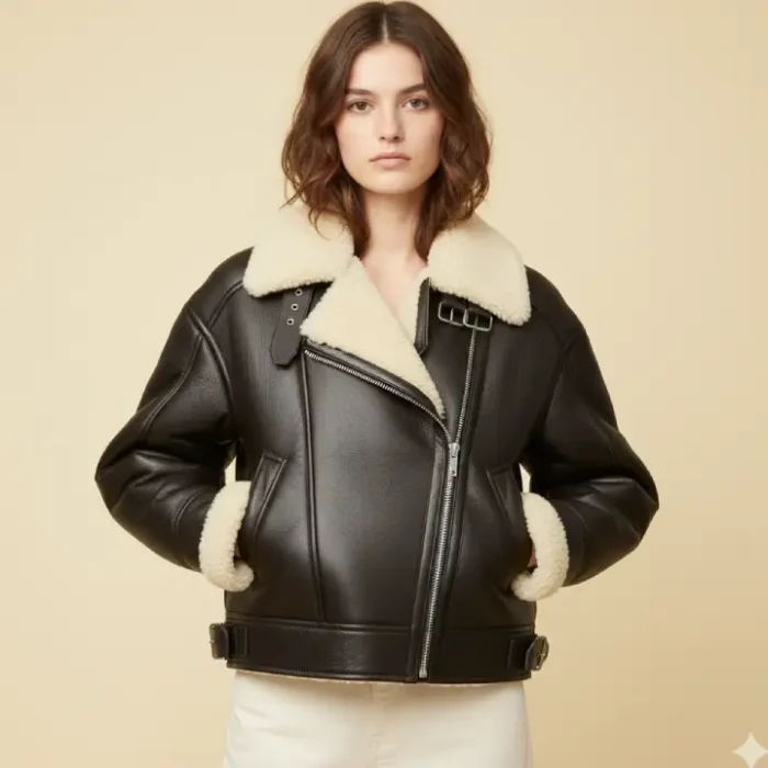 Women Dark Brown RAF Aviator Sheepskin Shearling Leather Jacket front