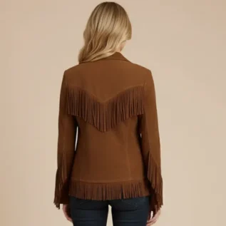 Women Suede Leather Western Style Jacket With Fringe - Brown Suede back