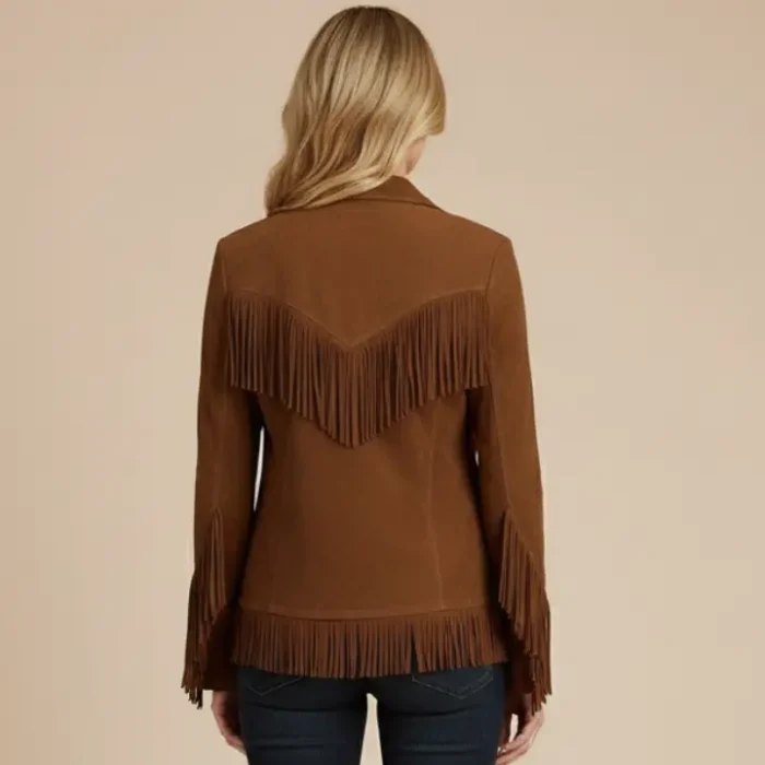Women Suede Leather Western Style Jacket With Fringe - Brown Suede back