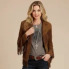 Women Suede Leather Western Style Jacket With Fringe - Brown Suede front