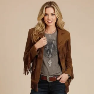 Women Suede Leather Western Style Jacket With Fringe - Brown Suede front