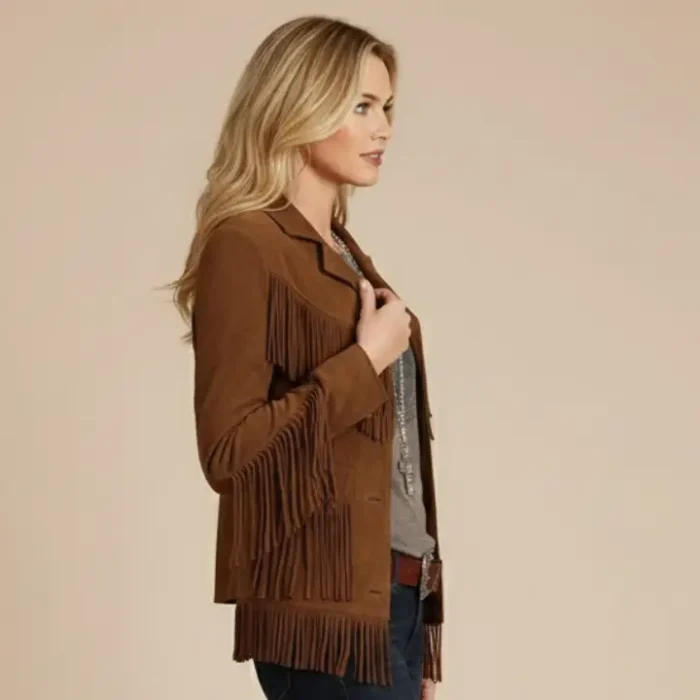 Women Suede Leather Western Style Jacket With Fringe - Brown Suede side