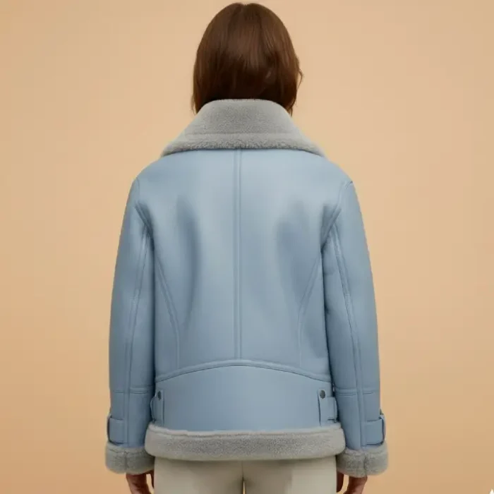 Women Light Blue B3 RAF Aviator Styled Sheepskin Shearling Leather Jacket back