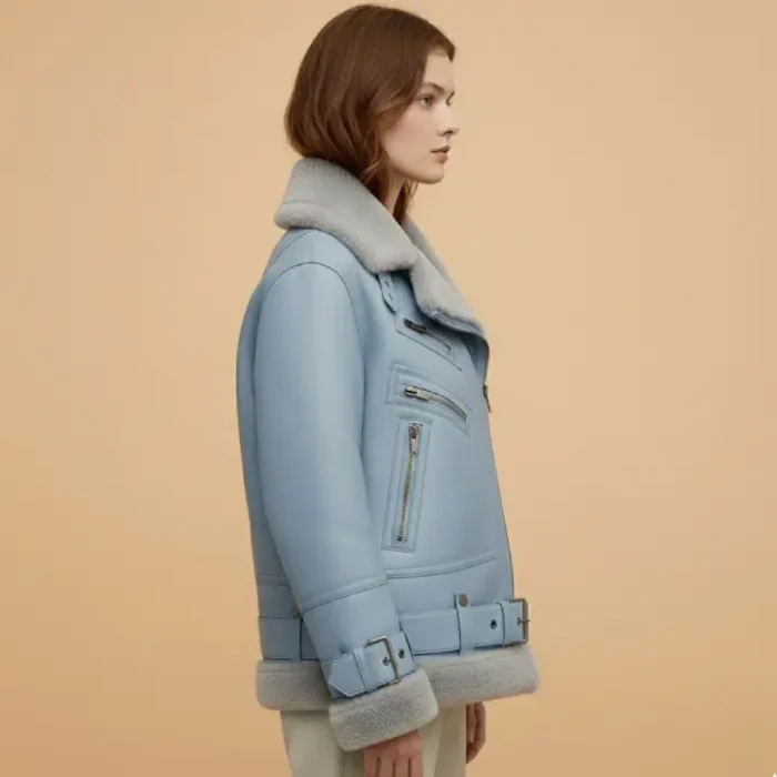 Women Light Blue B3 RAF Aviator Styled Sheepskin Shearling Leather Jacket side