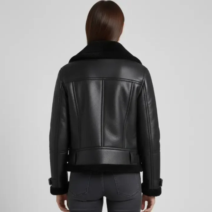 Women’s Black Fur Aviator Leather Jacket back
