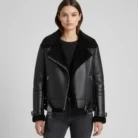 Women’s Black Fur Aviator Leather Jacket front