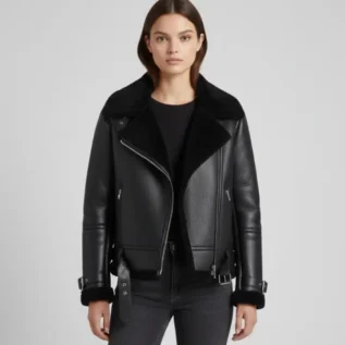 Women’s Black Fur Aviator Leather Jacket front