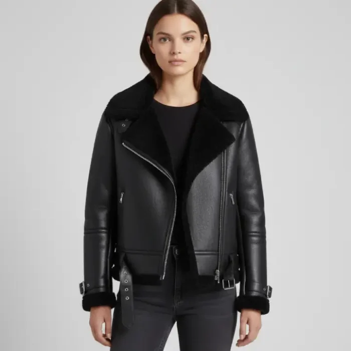 Women’s Black Fur Aviator Leather Jacket front
