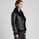 Women’s Black Fur Aviator Leather Jacket side