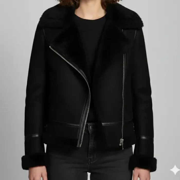 Womens Black Shearling Jacket front