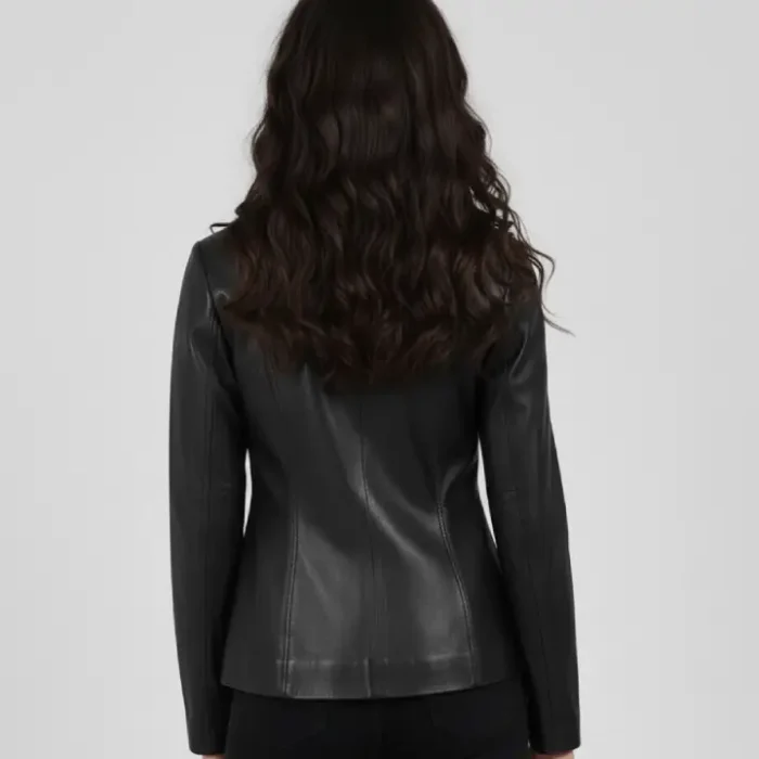 Women's Black Two Button Leather Blazer Jacket — Professional Style back Women's Black Two Button Leather Blazer Jacket — Professional Style back