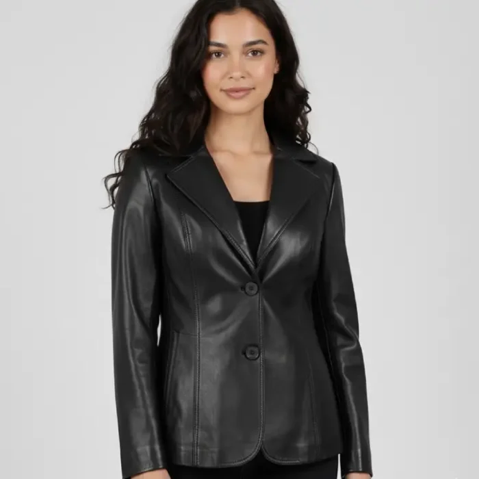 Women's Black Two Button Leather Blazer Jacket — Professional Style front Women's Black Two Button Leather Blazer Jacket — Professional Style front