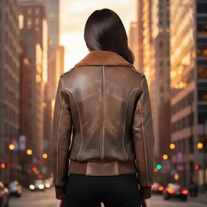 Women's Distressed Brown Bomber Leather Jacket back