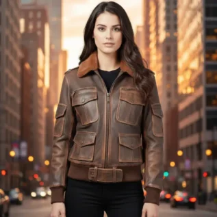 Women's Distressed Brown Bomber Leather Jacket front
