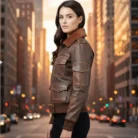 Women's Distressed Brown Bomber Leather Jacket side