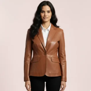 Womens Leather Fashion Single Breasted Blazer Tan AWL-Blazer front